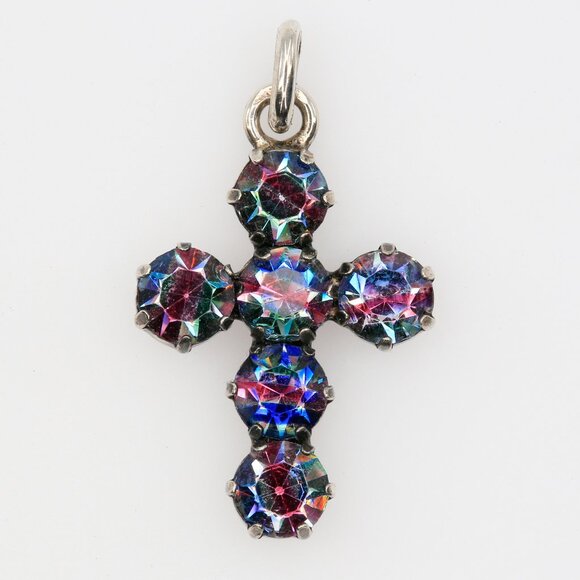 Antique Czech Colorful Iris Glass Sterling Cross Pendant Charm 1920s - Picture 1 of 4